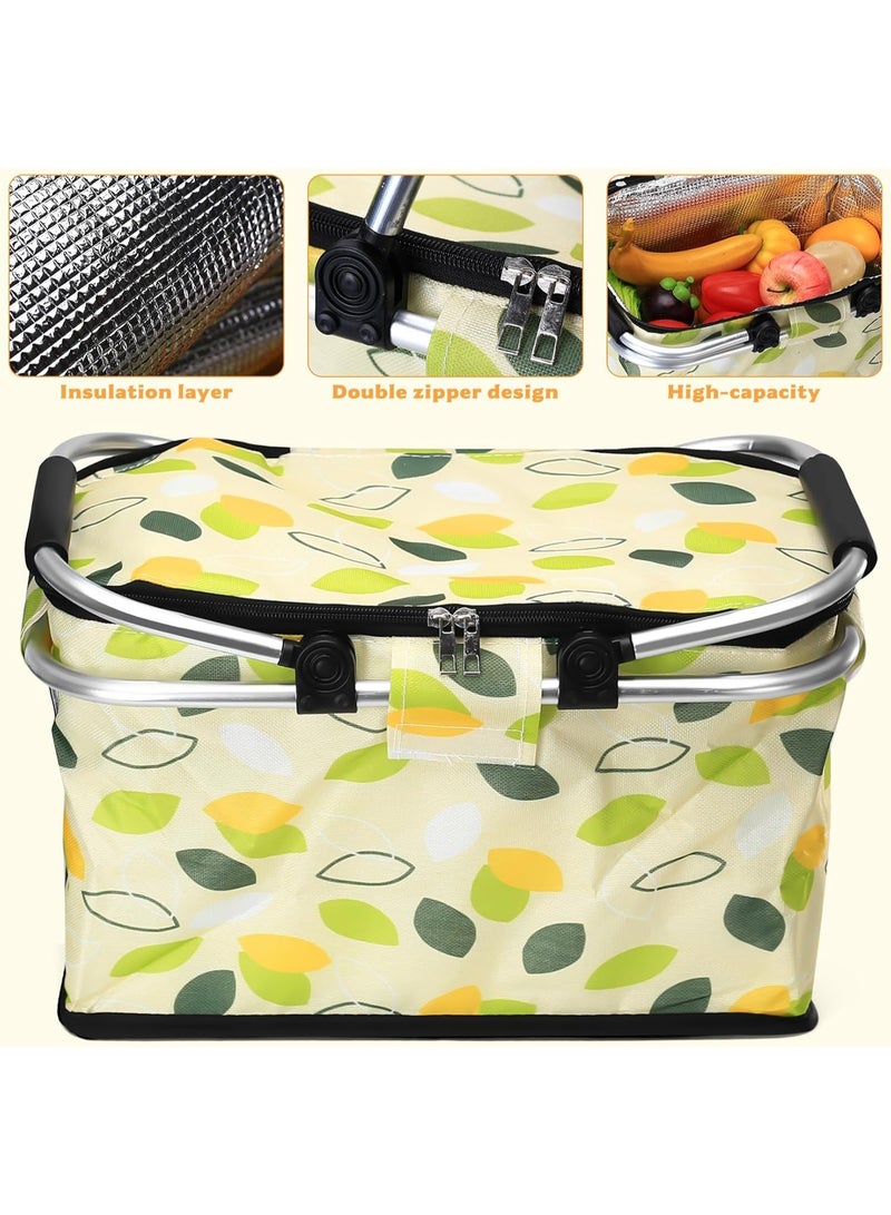 سلة نزهات حرارية معزولة قابلة للطي بسعة 30 لتر – سلة بيكنيك عائلية كبيرة بغطاء وسحاب محكم ومقبضين ألمنيوم متينين – سلة تخزين وتسوق وحفظ طعام ومشروبات ببطانة ألمنيوم مقاومة للماء – مناسبة للرحلات، التخييم، الشاطئ، الشواء، التسوق، توصيل الطعام – تصميم أوراق الشجر Green Leaf - Image 4